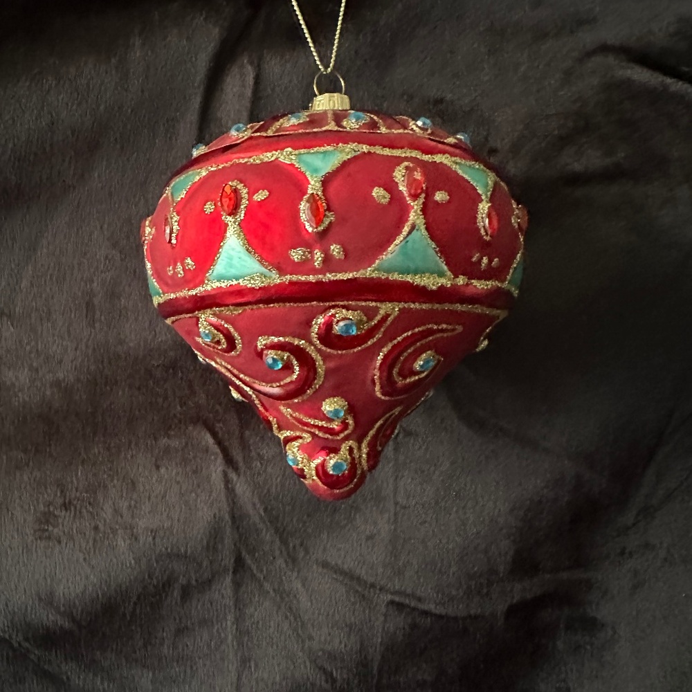 Large vintage handpainted red and turquoise embellished ornament